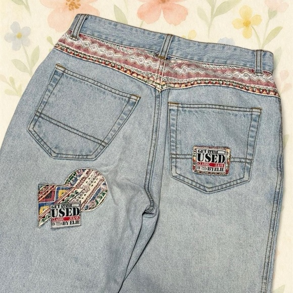 Vintage 90s Used by Elie Jeans Size 28 High Waist Mom Jeans Aztec Patch Denim - Picture 4 of 7